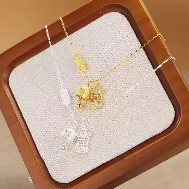 坠链均925银 新中式算盘平安铃铛项链