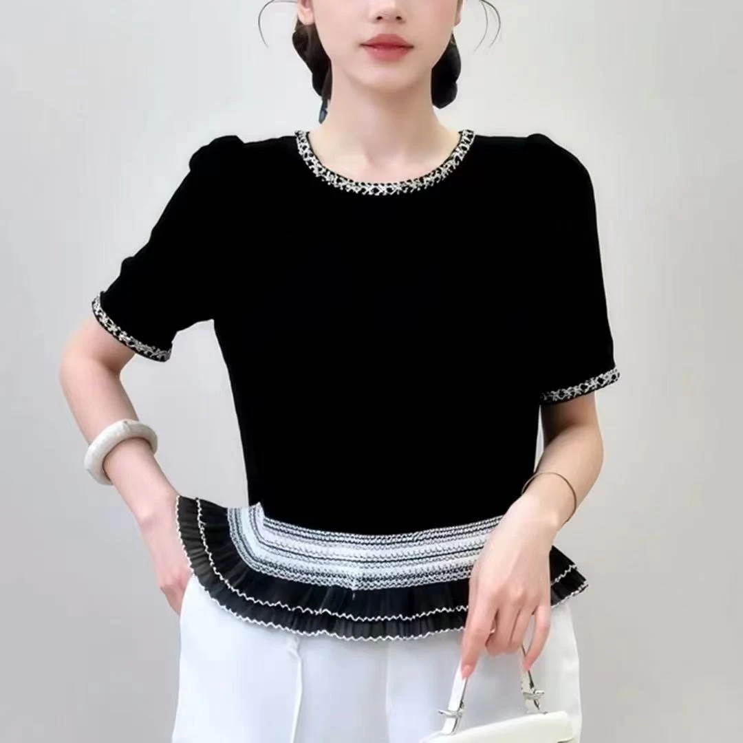 短袖修身型常规宽松型圆领T恤拼接黑白洋气夏季森系真丝丝绒