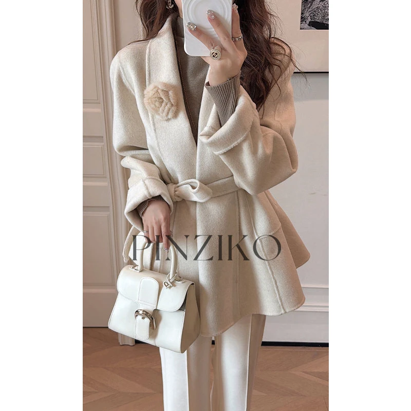 pinziko美神大衣~小个子山羊绒羊毛翻领系带毛呢大衣外套TJF426