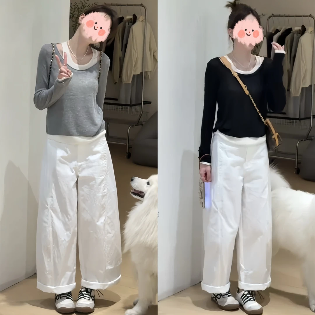 2025早秋韩系简约基础拼接假两件针织打底衫显瘦阔腿九分裤套装女