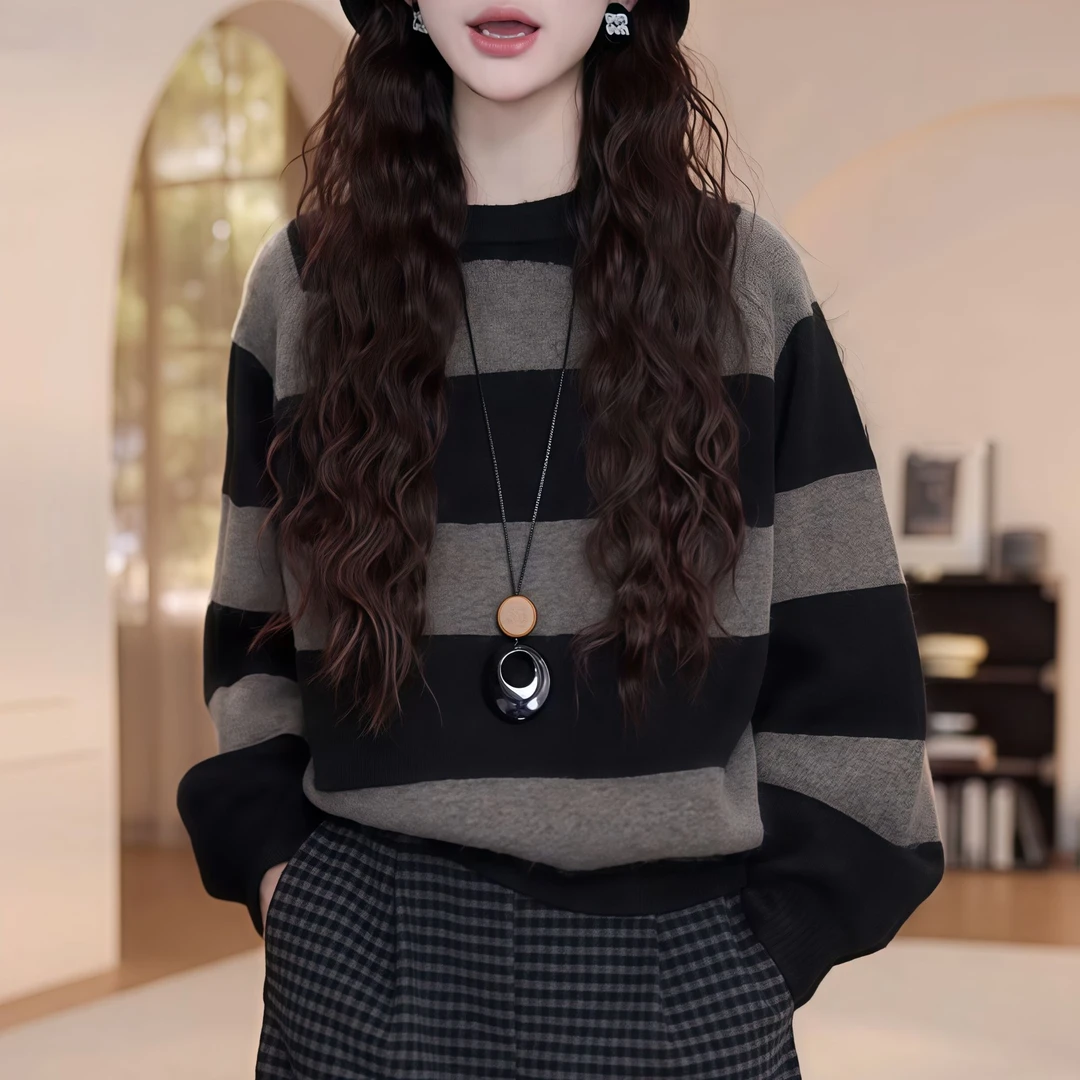 冬季圆领条纹毛衣2025新款撞色宽松保暖休闲慵懒百搭打底针织衫女