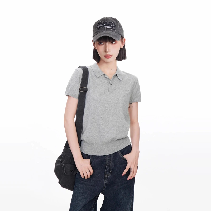 灰色polo领针织短袖t恤女夏季时髦正肩短款法式复古薄款冰丝上衣