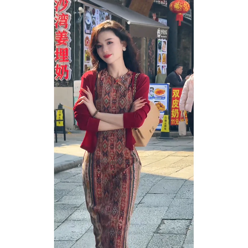 祥云瑞气民族风红色新中式改良旗袍女夏收腰艺术生度假国风连衣裙