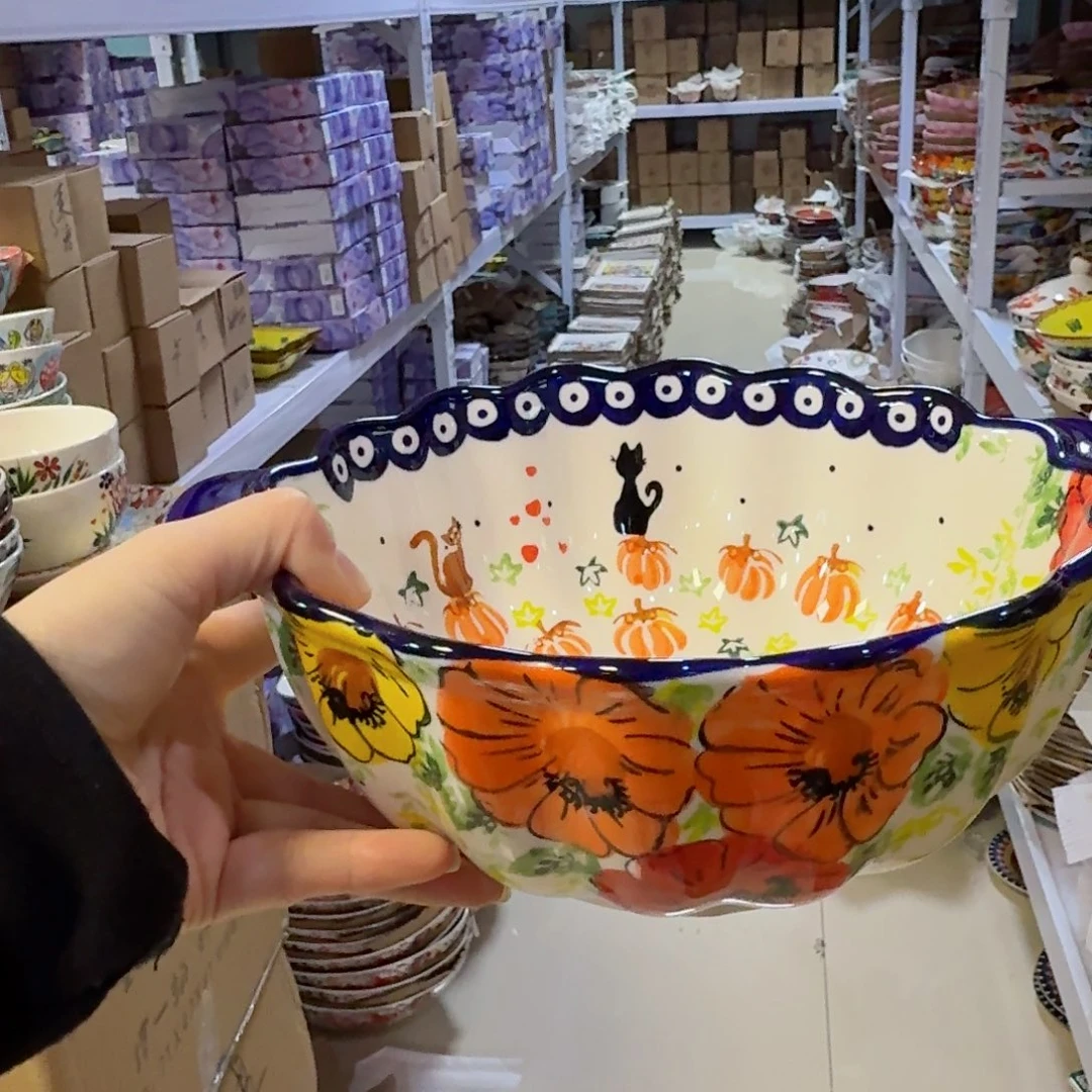 瓷片南瓜猫双耳8英寸小汤碗一只