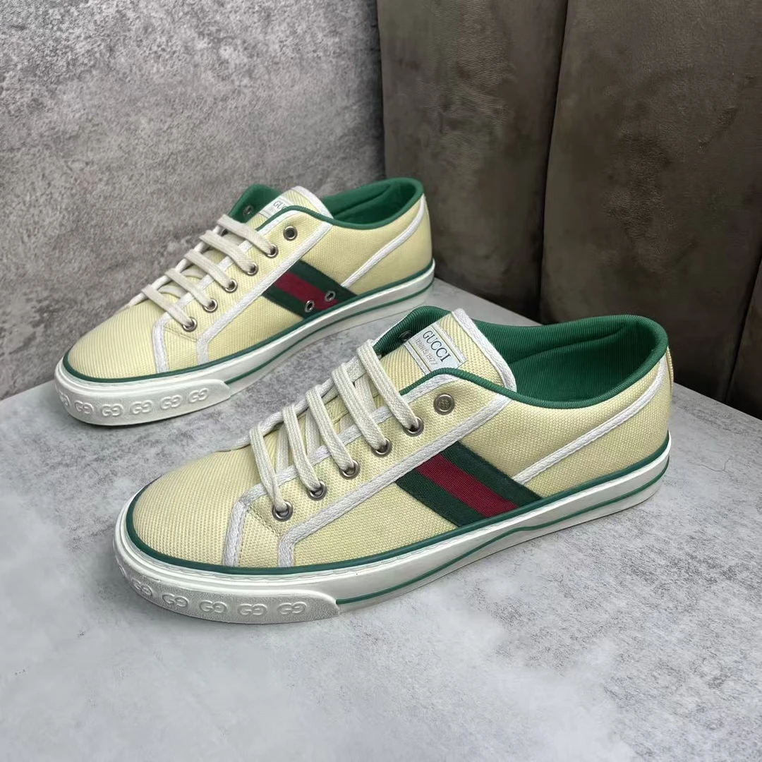 未使用 GUCCI/古驰 黄色帆布时尚百搭织带1977低帮板鞋/41.5码