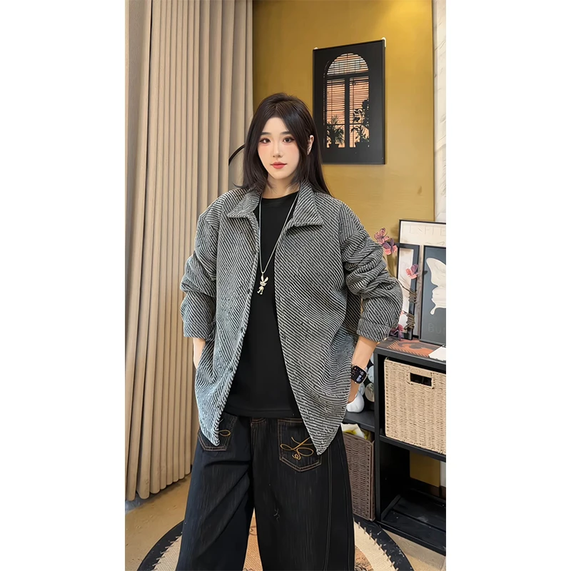 小香风斑马纹衬衫男秋冬季加绒加厚美式复古夹克外套长袖情侣衬衣