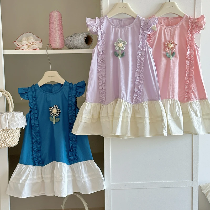 【橘子家】女童洋气飞袖花朵拼色连衣裙夏款儿童公主裙HS62308