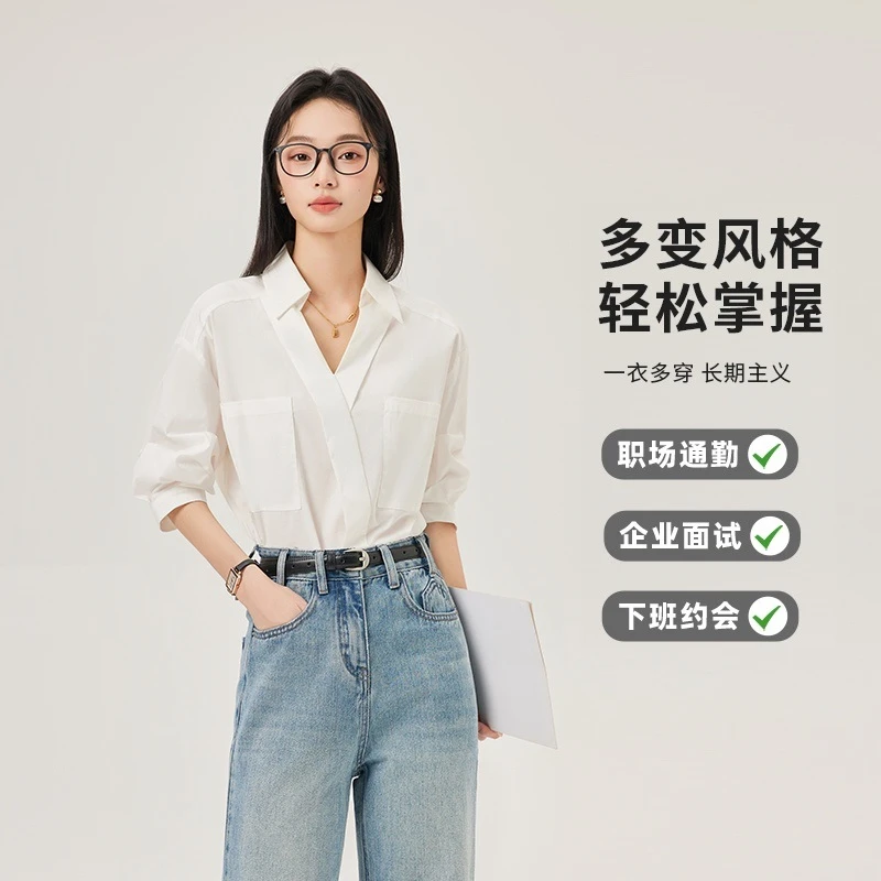 白色短袖衬衫女夏正装v领设计感轻职场通勤穿搭职业面试衬衣