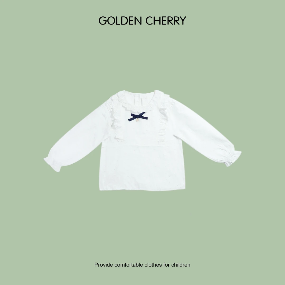 6【Golden cherry】儿童白色蕾丝领蝴蝶结百搭洋气娃娃衫jyt1159