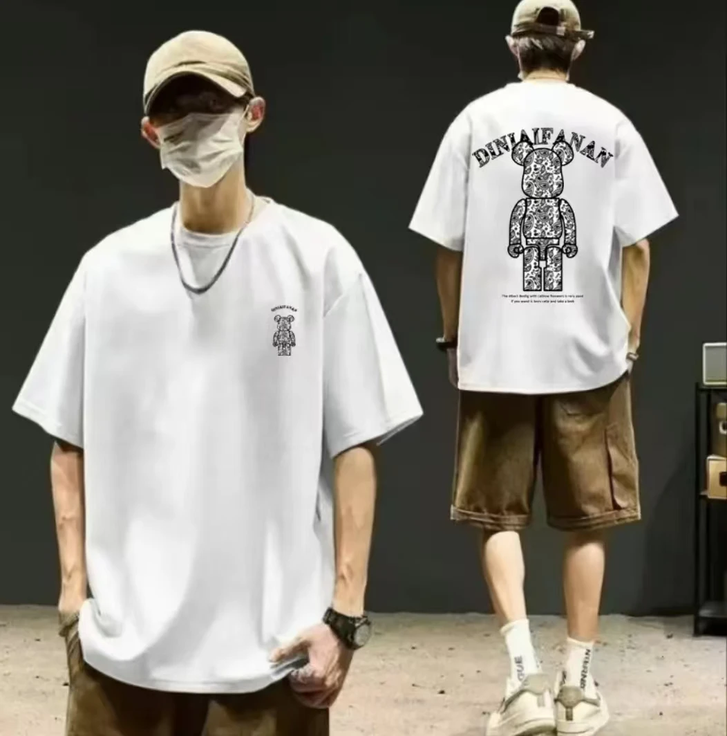 2025重磅夏季纯棉宽松T恤圆领短袖显瘦男女同款zf5-前后立体熊