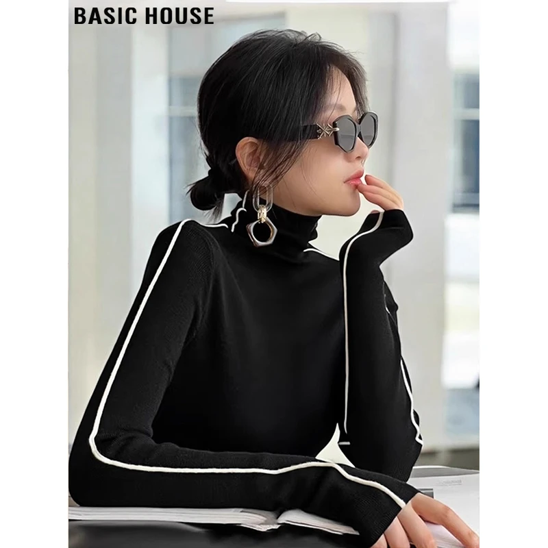 Basic House/百家好法式黑色撞色高领针织衫女2025冬季打底衫毛衣