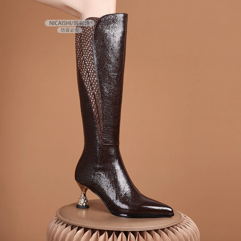 2025年新款欧美长靴女尖头粗跟显瘦侧拉链高筒时尚气质女靴3697