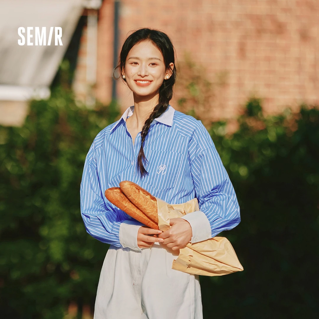 出游季|森马长袖衬衫女中长款条纹慵懒刺绣oversize衬衣通勤潮