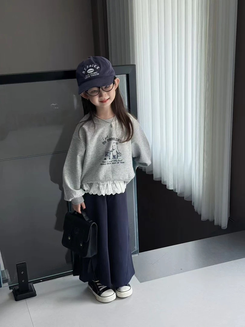 儿童韩版套装2025秋季新款高级灰搭藏青色卫衣卫裤休闲女童秋装