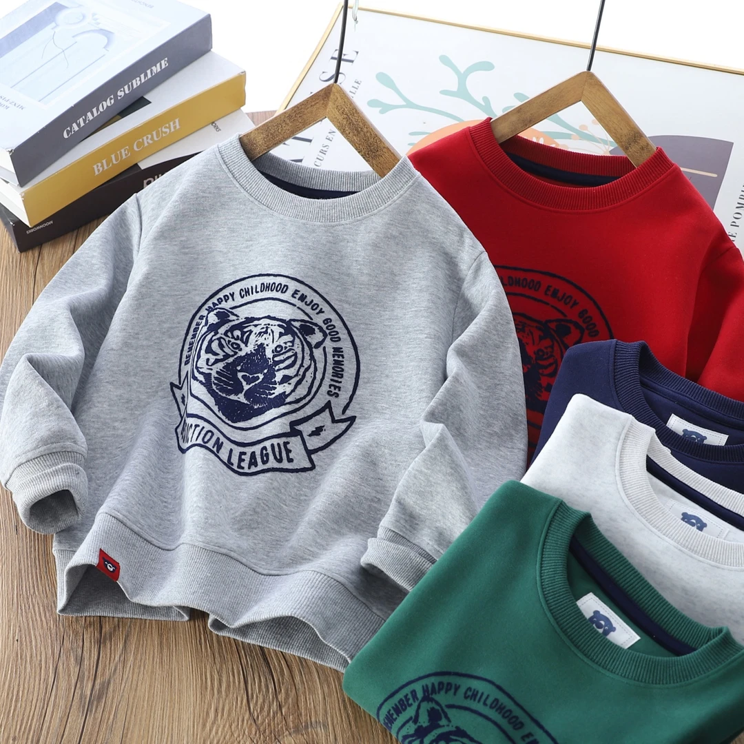 儿童春秋圆领卫衣2025新款男童纯色红色套头衫中大童休闲运动上衣