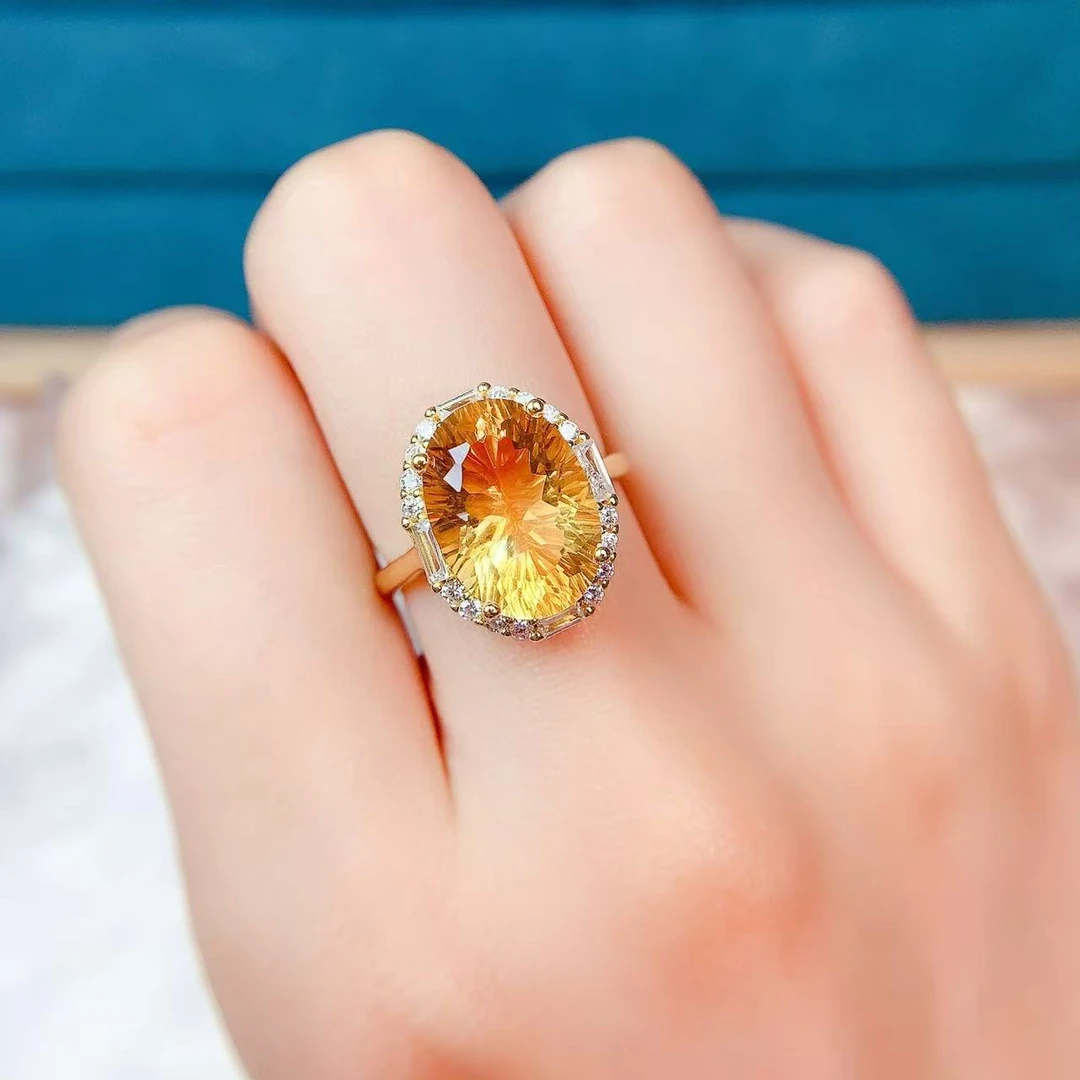 10*14天然巴西黄水晶戒指重工轻奢感时尚