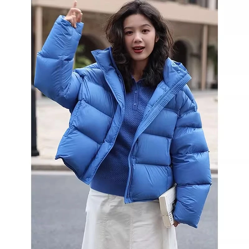 2025新款冬季蓝色泡芙连帽宽松羽绒服女短款小个子防寒保暖外套潮