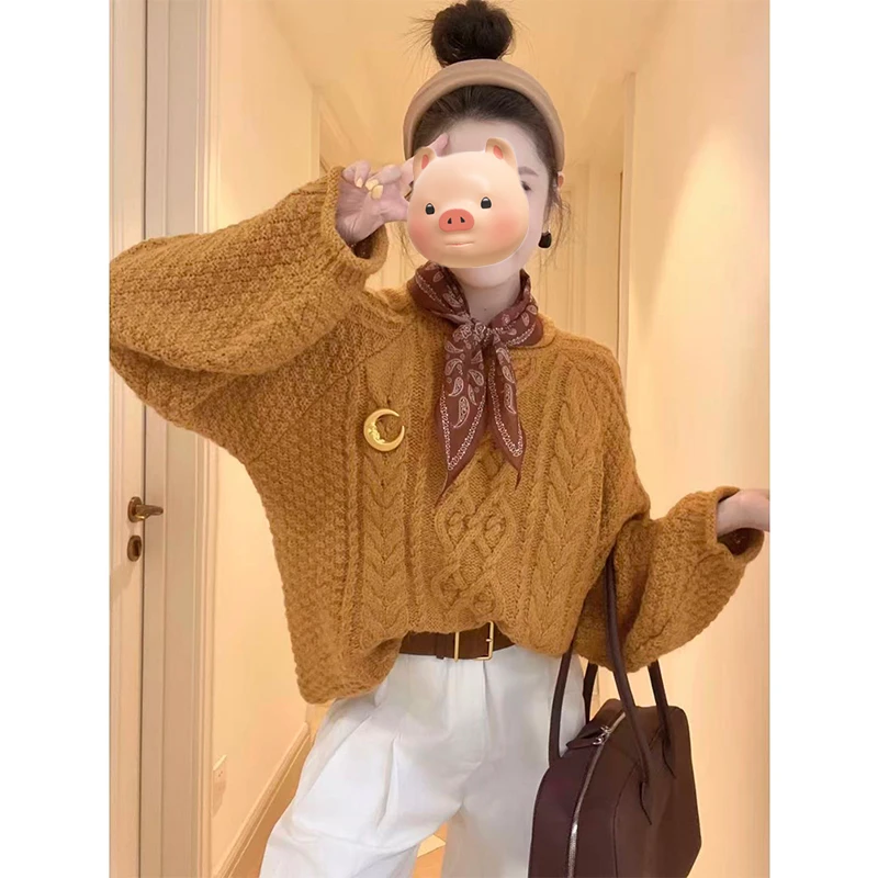巨好看的轻熟早秋橘色套头麻花毛衣女秋冬季宽松中长款针织衫上衣