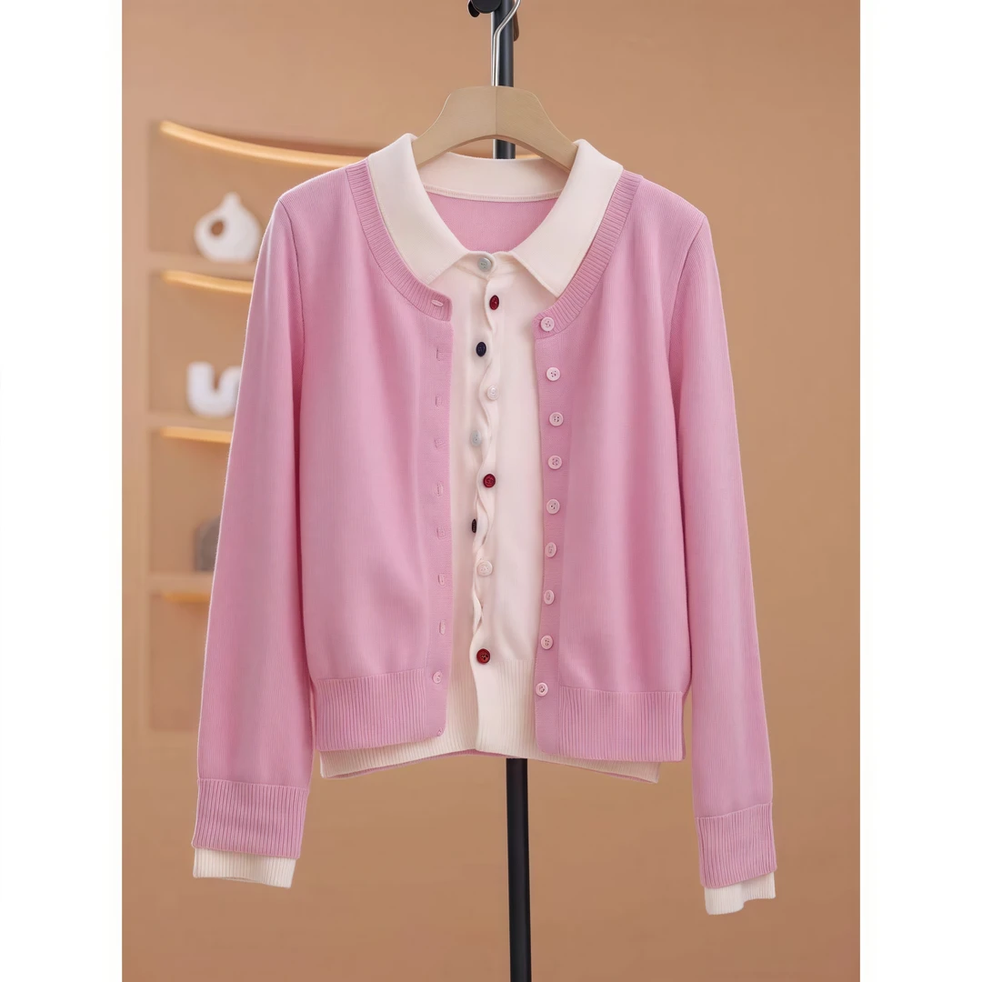 早春新款减龄撞色假两件毛衣女设计感洋气时尚长袖针织衫上衣ins