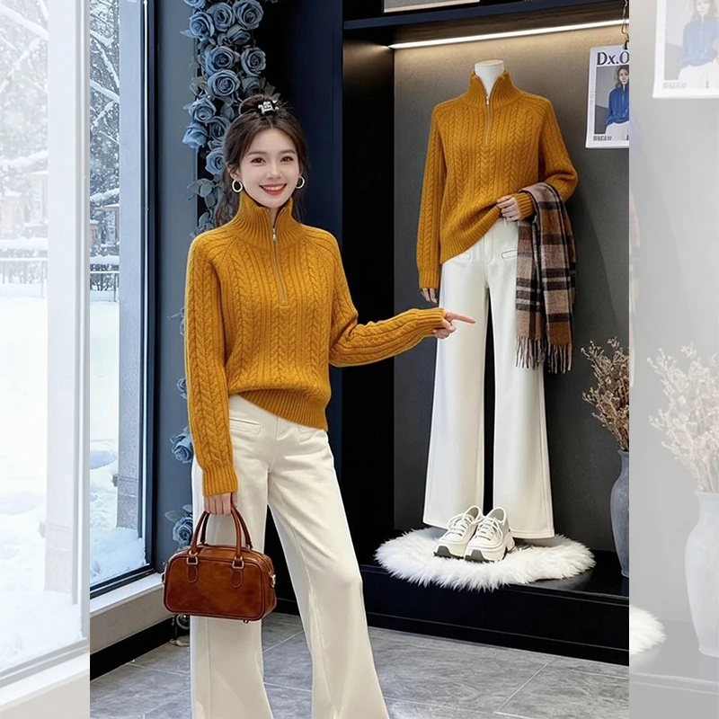 时尚百搭气质洋气衣服女韩系秋冬装黄色半拉链高领毛衣针织打底衫