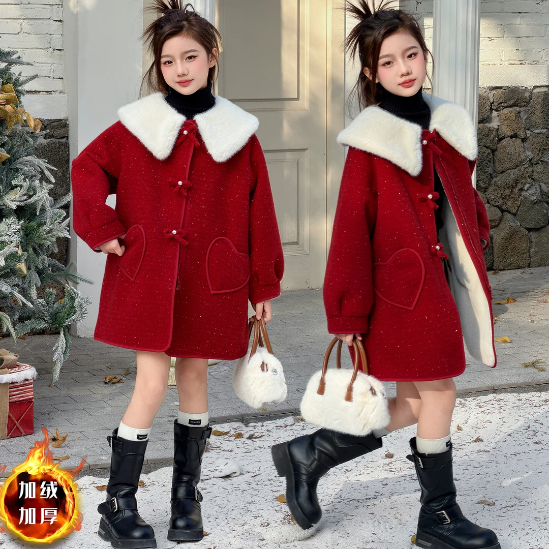 女童加绒外套冬季新款洋气儿童加厚上衣中大童新中式拜年服呢大衣
