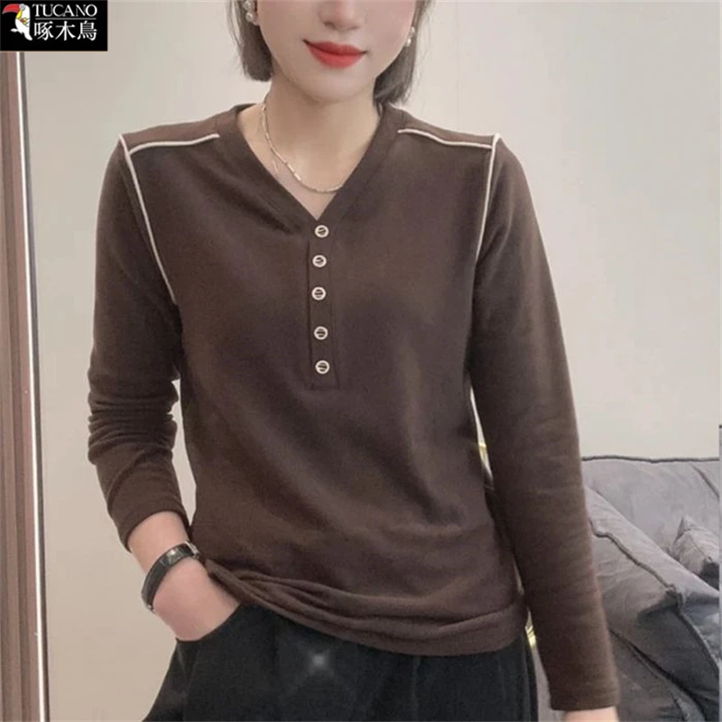 啄木鸟德绒保暖打底T恤女2025年新款冬季长袖修身显瘦内搭V领上衣