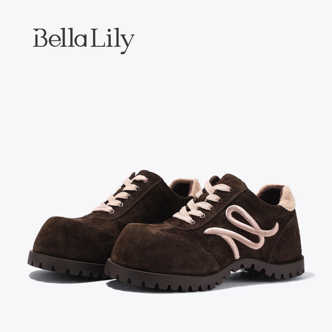 BellaLily2025秋季新款复古厚底增高牛皮德训鞋女高级感单鞋潮鞋