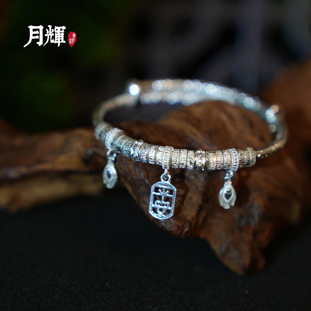 月辉银器 足银手镯 锤纹盘缠手镯手工A015民族风复古实心可调节