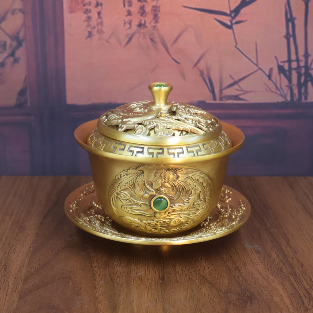 龙凤茶碗三件套家居摆件客厅高档装饰品