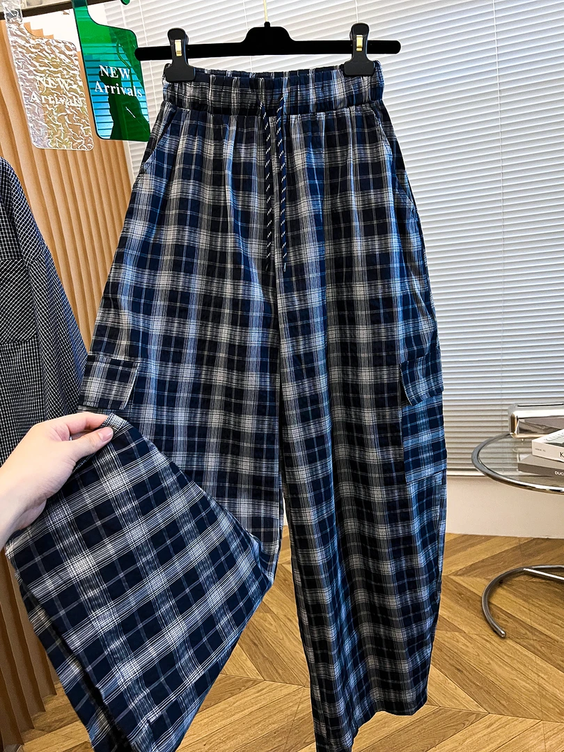 复古慵懒风格子裤女2025新款宽松休闲显瘦遮垮阔腿裤弯刀裤香蕉裤