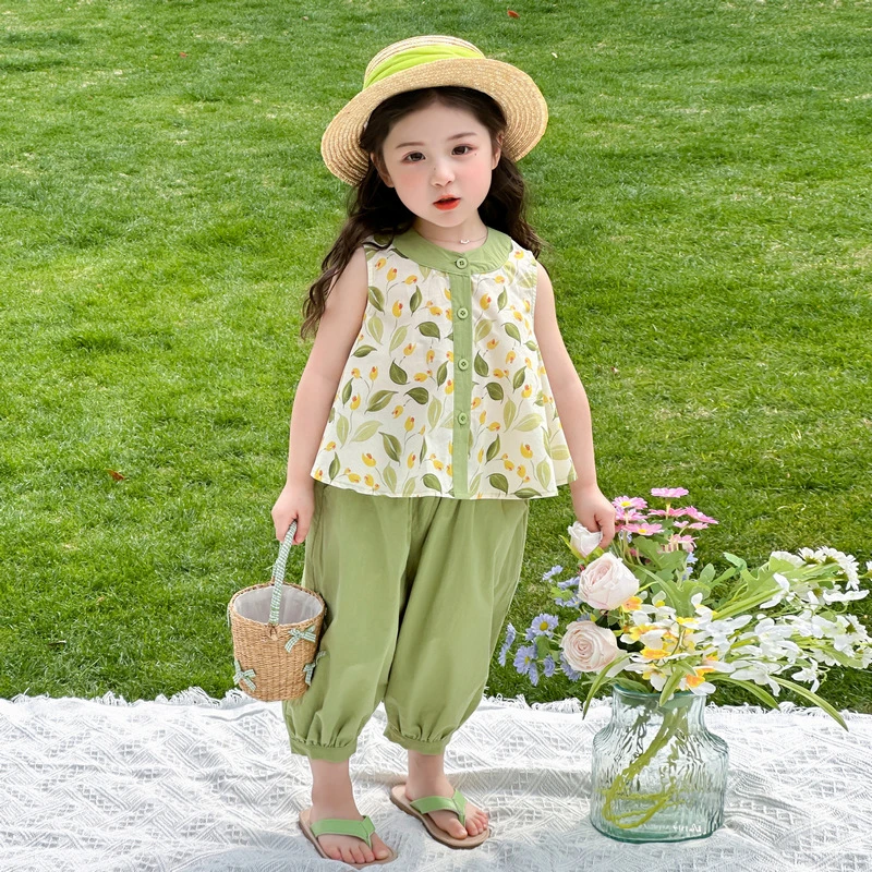 女童碎花无袖套装洋气夏季2025新款女宝宝防蚊裤两件套小女孩时髦