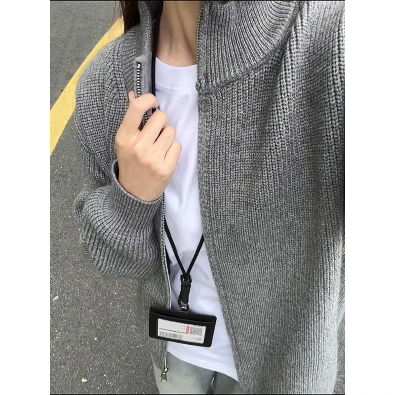 立领双拉链毛衣外套男女款秋冬季高级感百搭针织衫慵懒感开衫线衣