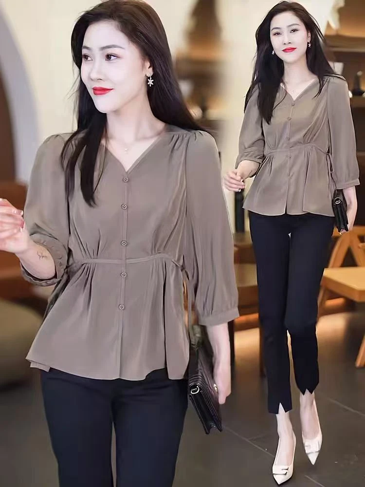 #5688 衬衫女时尚翻领宽松洋气收腰减龄显瘦七分袖上衣