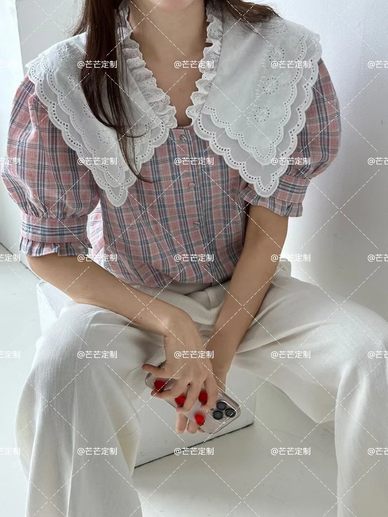 韩国东大门代购减龄格子花边百搭系扣夏季短袖衬衫jk