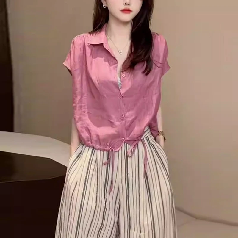 2025新款简约设计感短袖衬衫女夏季新款时尚气质宽松减龄百搭衬衣