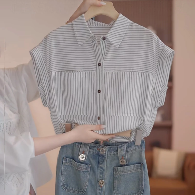条纹时尚无袖衬衫女2025夏季新款宽松显瘦减龄职业气质设计感上衣