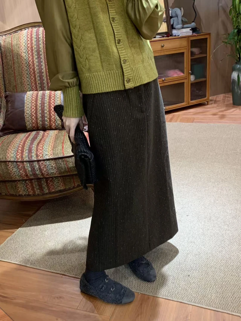 InaChou天鹅堡秋冬含羊毛苔藓绿细闪金线半身裙毛呢+腰带