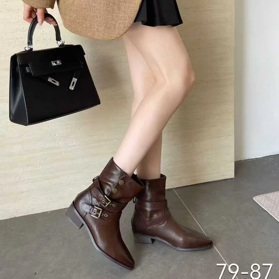 2025新款真皮复古尖头短靴洋气舒适