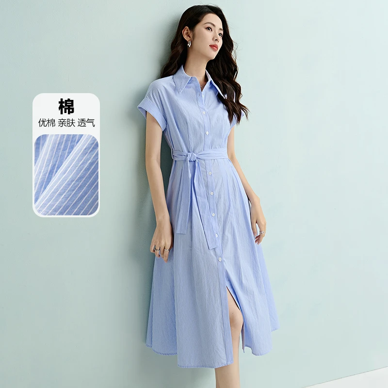 【新品】2025夏裙子知识分子文艺风条纹收腰短袖全棉连衣裙25050913