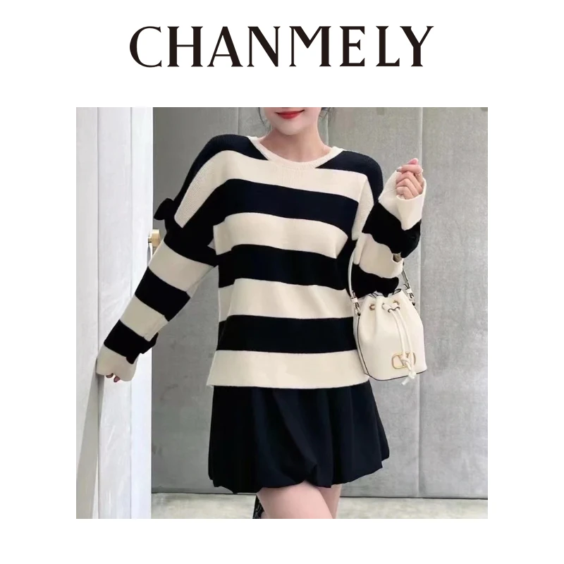 【CHANMITY】24/FW手工缝制蝴蝶结减龄条纹圆领针织衫毛衣0241666