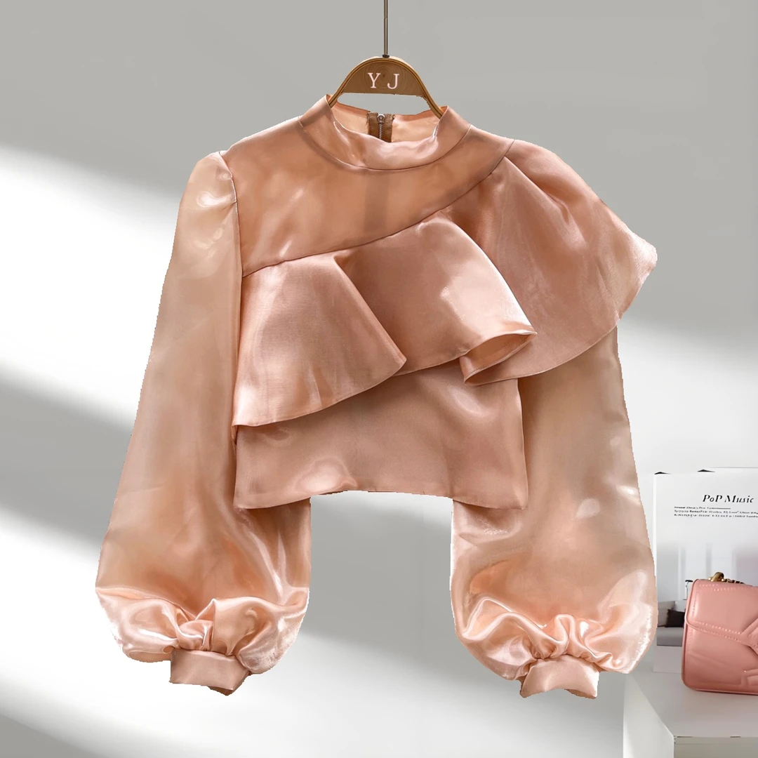 法式时髦上衣女秋季新款荷叶边拼接灯笼袖流光网纱衬衫品质女装