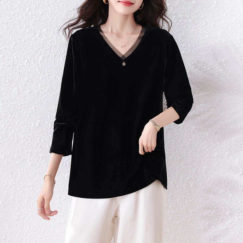 V领长袖打底衫女内搭春秋季大码简约T恤时尚洋气小衫百搭上衣外穿