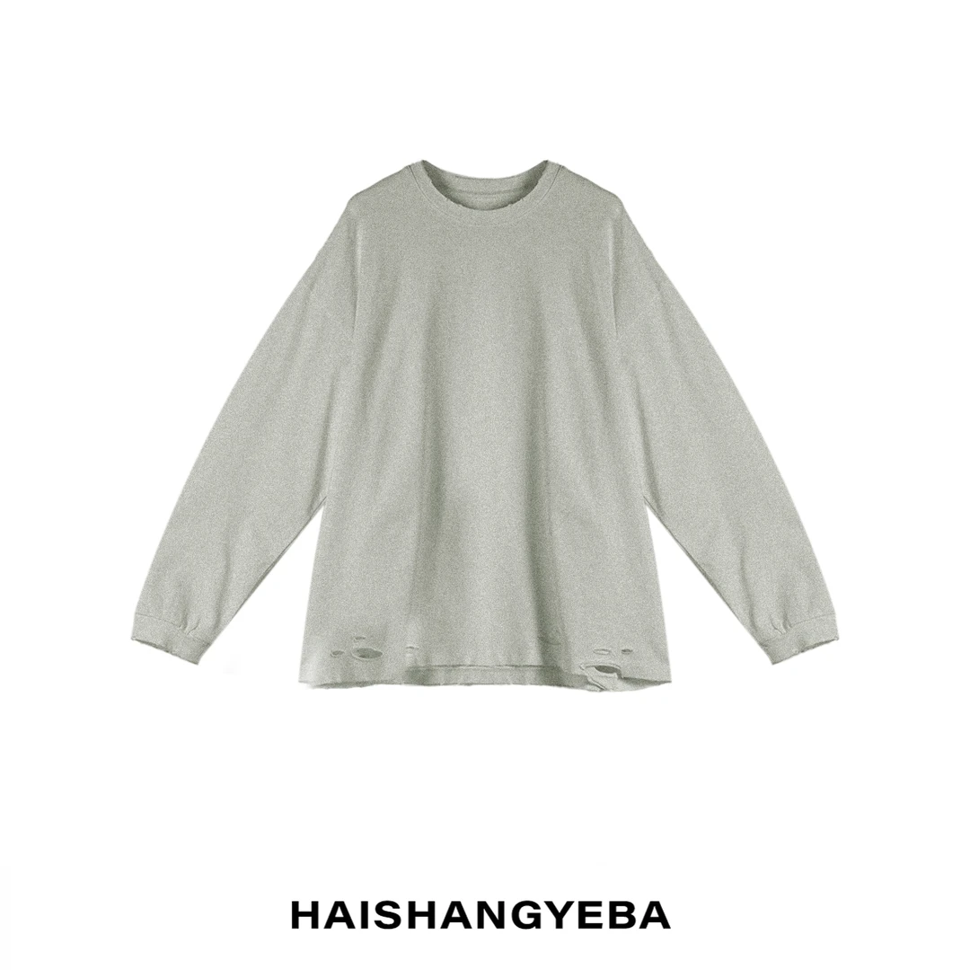 【海上叶爸】新款2025春秋百搭棉圆领宽松通勤破洞长袖T恤