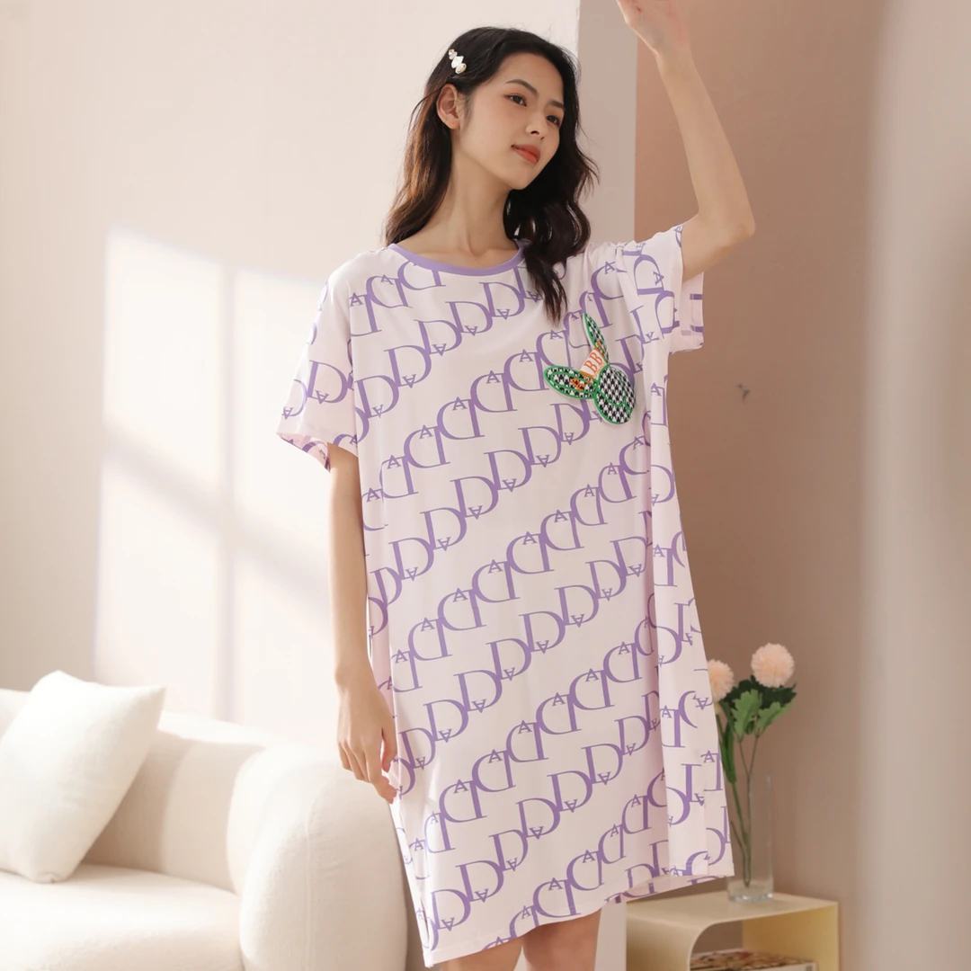 纯棉睡裙女夏季休闲套简约可爱家居服可外穿宽松时尚大码