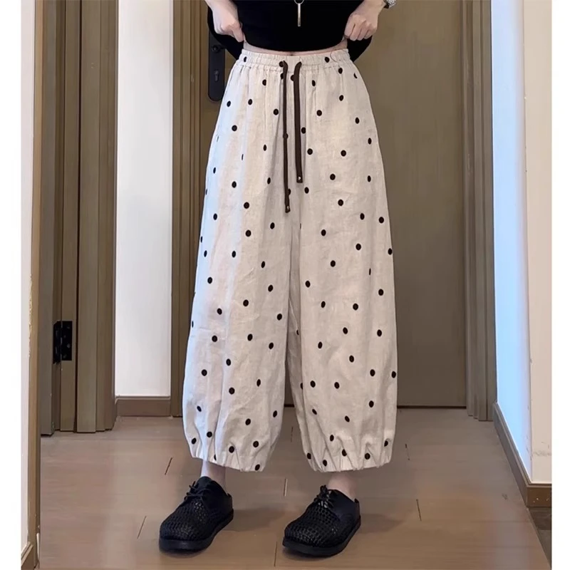 波点亚麻休闲气球裤女夏季新款松紧腰大码胖mm高腰宽松九分灯笼裤