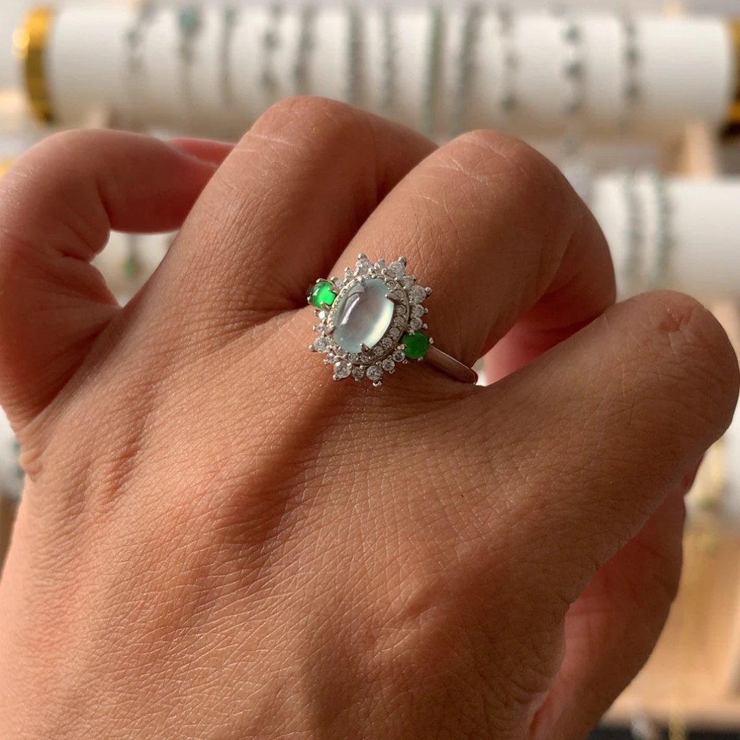 翡翠银S925镶嵌耳饰戒指