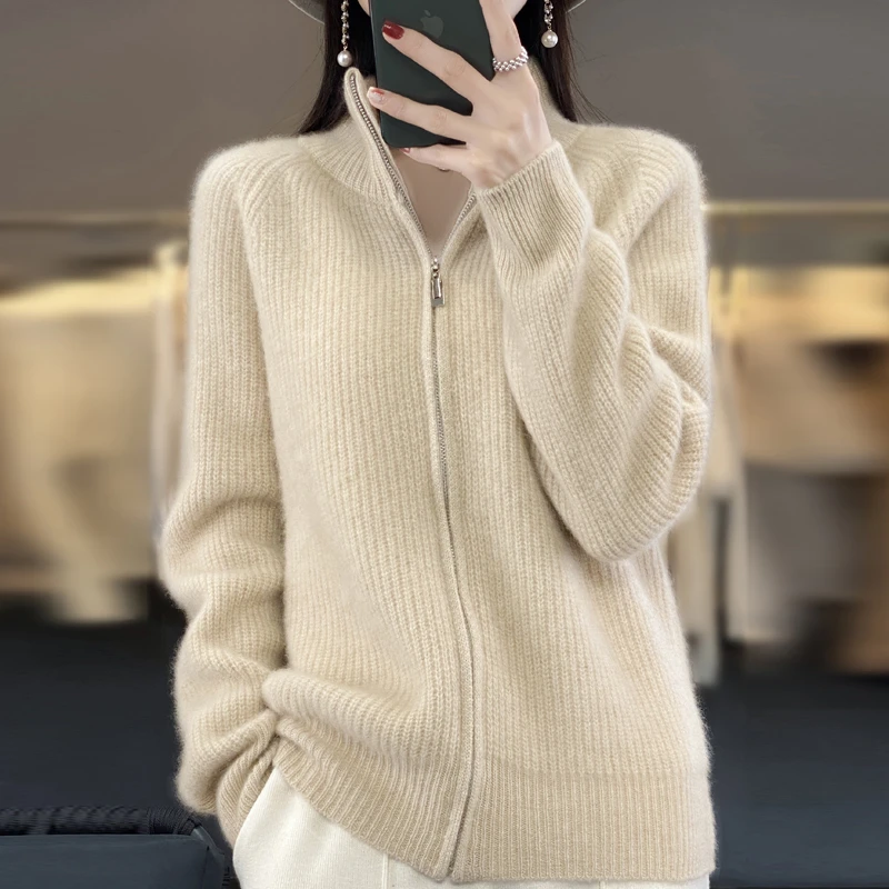 羊范重磅加厚纯色拉链开衫女秋冬新款100%羊毛半高领显瘦长袖外套