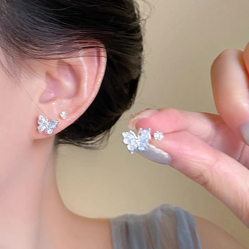 锆石渐变蝴蝶耳钉套装女高级感小众轻奢耳环精致少女心耳饰品1417