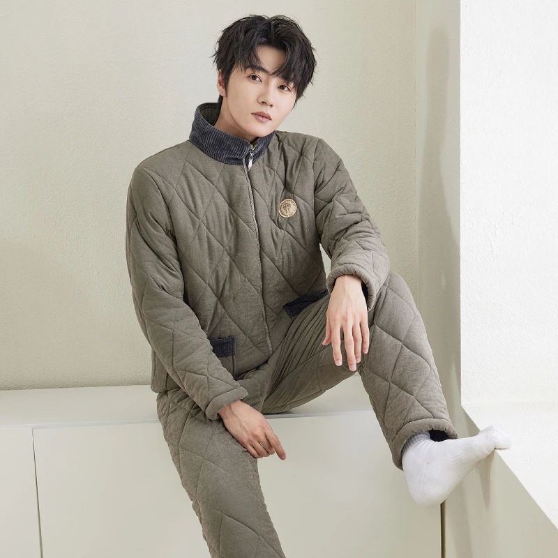 芬腾男款冬季新款立领拉链三层夹棉加绒加厚保暖长袖长裤睡衣套装