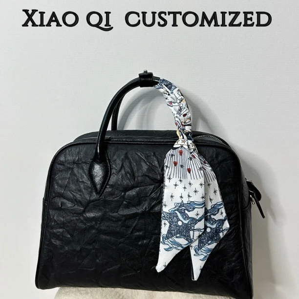 Xiao Qi头层牛皮手抓纹波士顿包大容量枕头包时尚手提包个性通勤